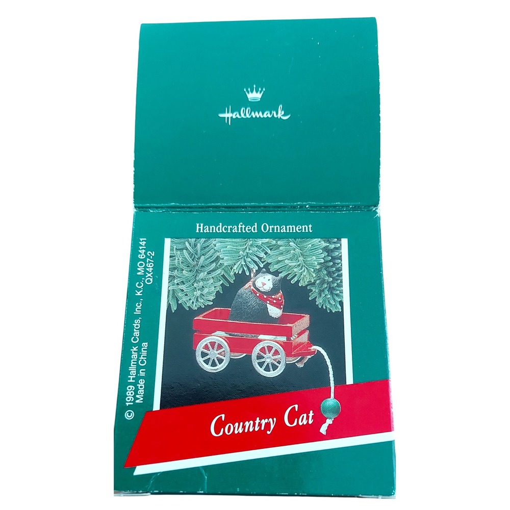 Vintage 1989 Hallmark Keepsake Country Cat Ornament Tuxedo in Red Wagon QX467-2